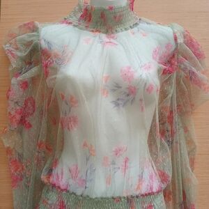 Floral Sheer Puff Sleeve Polka Dot Green Pink Blouse Size Medium